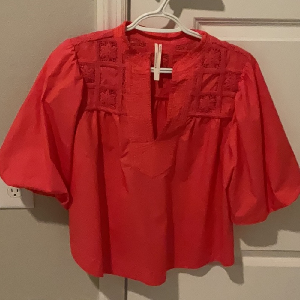 Anthropologie Red Boxy Blouse with Puff Sleeves and Bib Collar